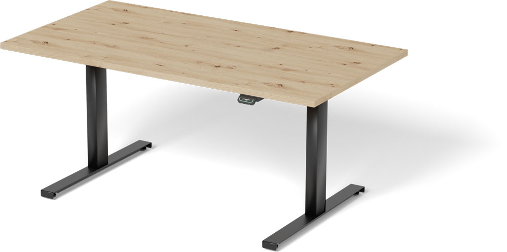 Ein höhenverstellbarer Schreibtisch mit schwarzem Gestell und einer Tischplatte in heller Holzoptik. Das Design ist modern und minimalistisch.