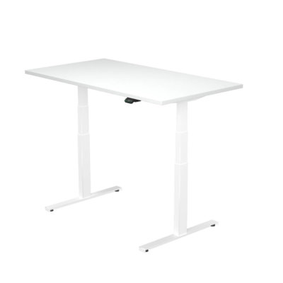 Ein höhenverstellbarer Schreibtisch in komplett weißem Design mit schlichtem Gestell und Tischplatte.
