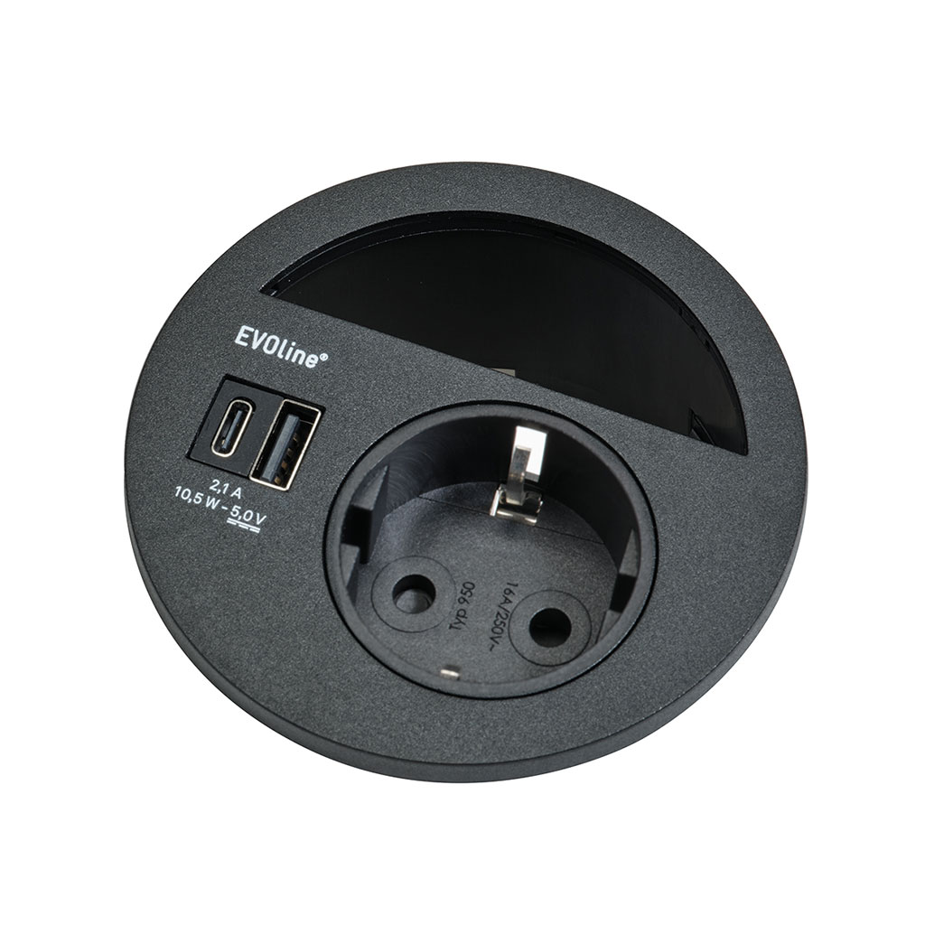 Schreibtisch Einbausteckdose USB-Charger A/C EVOline Circle80 schwarz