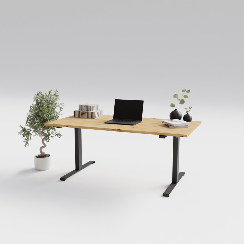 „Höhenverstellbarer Schreibtisch mit Holzplatte in Eichenoptik und schwarzem Gestell, ausgestattet mit Laptop, Deko-Elementen und Pflanzen – modernes, minimalistisches Arbeitsplatz-Design