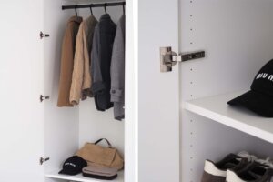 Kleiderschrank mit Schranktür und Details des Scharniers (Topfband)